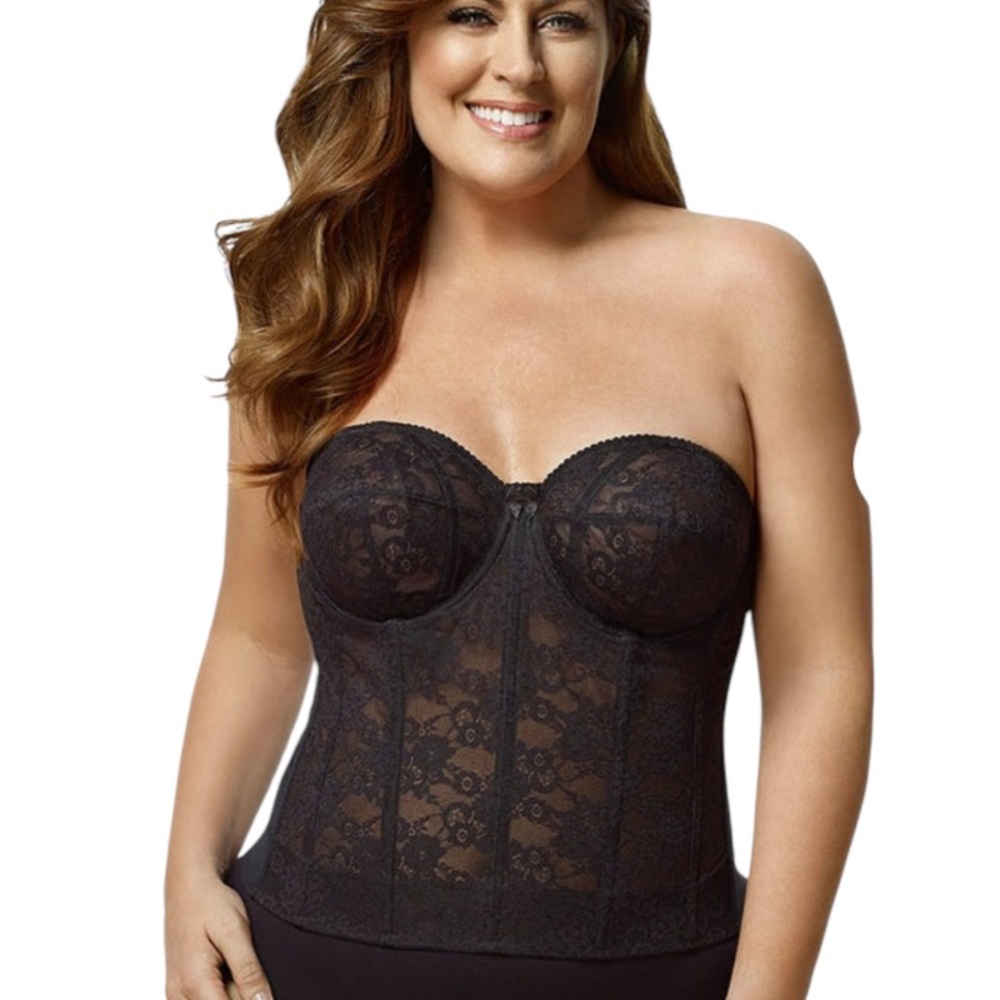 NWT Elila Underwired Lace Strapless Longline Bra Black HookEye Closure Size 36G